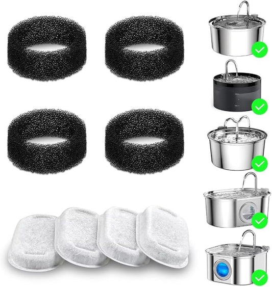 Wonder Creature Cat Water Fountain Filter 8 pc for Stainless Steel Cat Fountain 2L/67oz and 3.2L/108oz, Carbon Filter Plus Sponge Foam Filter Pack (8)
