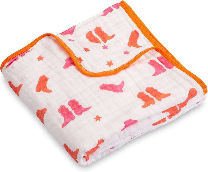 LollyBanks Muslin Baby Blanket 100% Cotton, Muslin Quilt Lightweight, Western Girl Muslin Blanket, 6 Layers Baby Blankets 47"x 47", Soft Nursery Receiving Blankets Baby Essentials (Pink Boot)