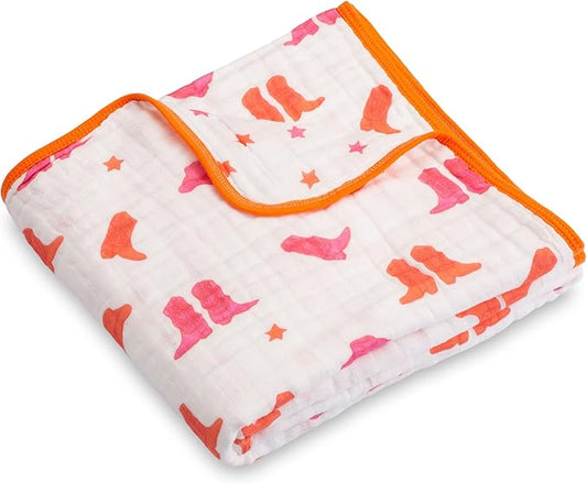 LollyBanks Muslin Baby Blanket 100% Cotton, Muslin Quilt Lightweight, Western Girl Muslin Blanket, 6 Layers Baby Blankets 47"x 47", Soft Nursery Receiving Blankets Baby Essentials (Pink Boot)