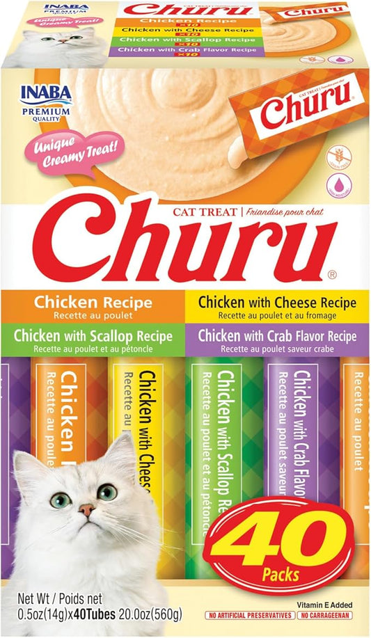 INABA Churu Cat Treats, Grain-Free, Lickable, Squeezable Creamy Purée Cat Treat/Topper, 0.5 Ounces Each Tube, 40 Tubes, Chicken Varieties Box