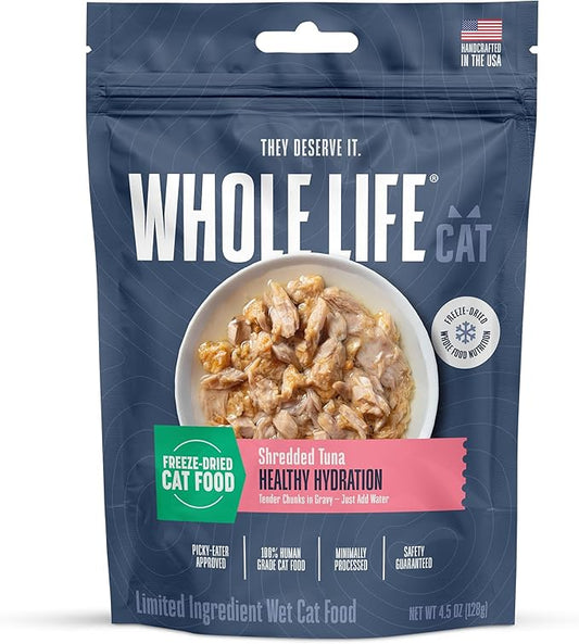 Whole Life Pet Freeze Dried Cat Food - Human-Grade Wet Cat Food Toppers, Natural Broth for Cats, Instantly Hydrating Cat Snacks, Lickable Cat Treats, Just Add Water - Shredded Tuna, 3 Oz