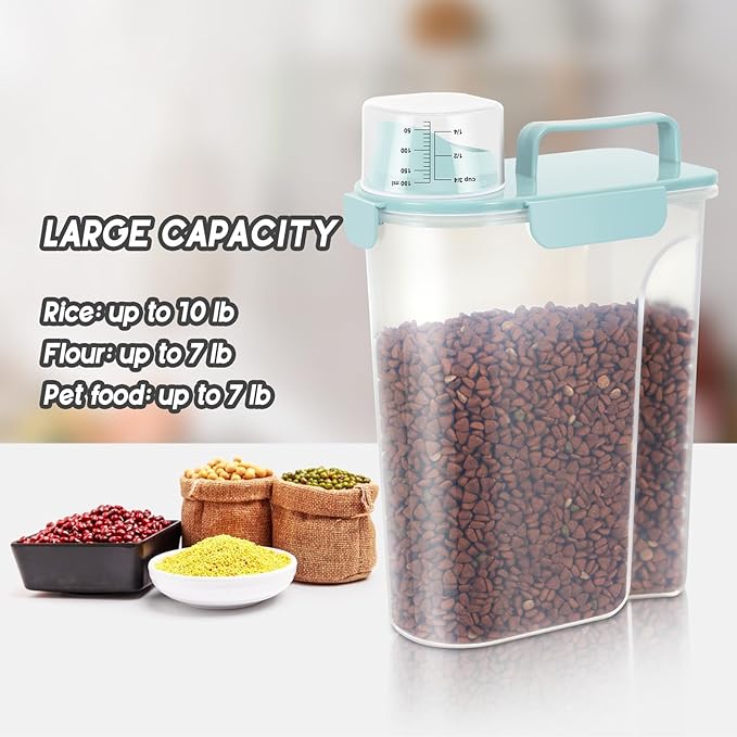 10LBS Dog Cat Storage Container Portable with Upgraded Large Spout and Cup,Plastic Pet Food Dispenser for Small Animal Kibble, Bird Seed,Oatmeal,Rice,flour,brown sugart-2 pack Light Blue