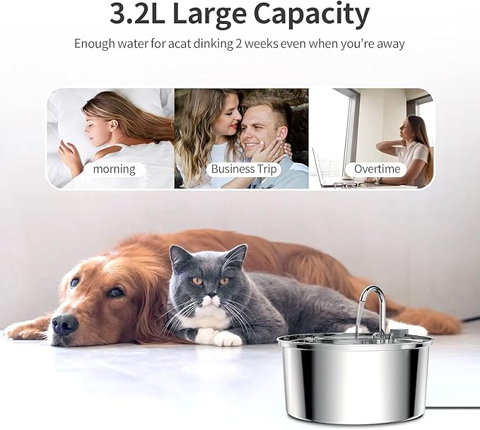 Tomxcute Cat Water Fountain Stainless Steel - 108oz/3.2L Cat Fountain for Drinking- Large Capacity Pet Water Fountain - Cat Feeding & Watering Supplies - Comes with 8 Replacement Filters