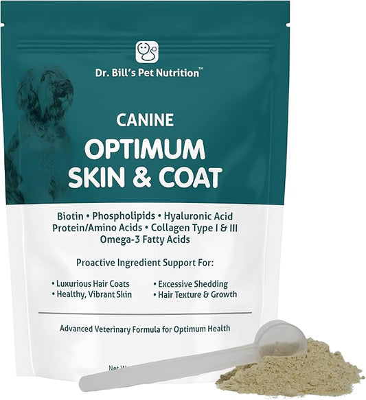 Dr. Bill’s Canine Optimum Skin & Coat (680g) – Fish Oil Omega-3 Fatty Acids Dog Supplement with Biotin, Type I & III Marine Collagen, Hyaluronic Acid & Folic Acid