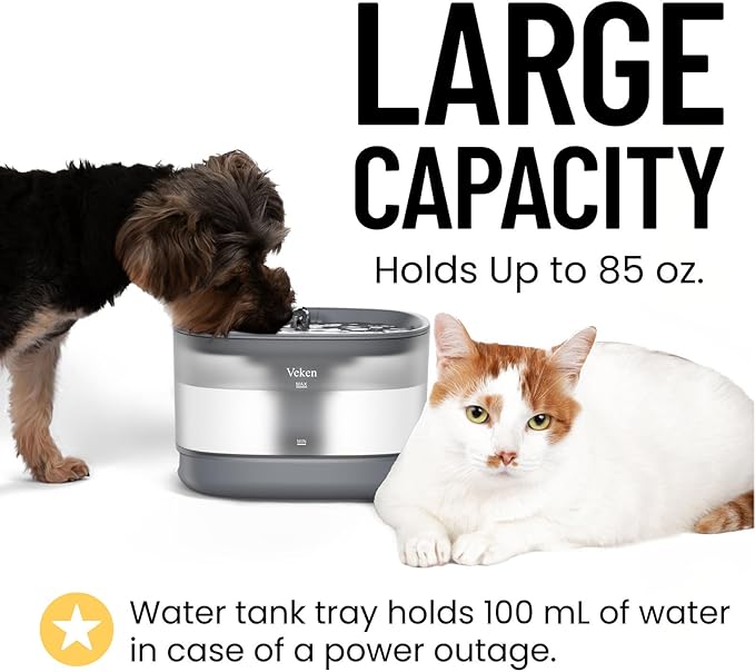 Veken Cat Water Fountain, 84oz/2.5L Automatic Pet Water Fountain Dog Water Dispenser with a Detachable Water Tank, Easy Cleaning for Cats, Dogs (Grey)