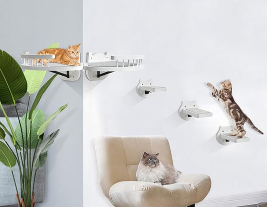 Cat Wall Shelves, Cat Shelves and Perches for Wall, Wood Cat Shelves Wall Mount, Cat Wall Furniture with 3 Cat Wall Steps Cat Scratch Post, Indoor Cat Climbing Shelf for Living Room, Bedroom (White)