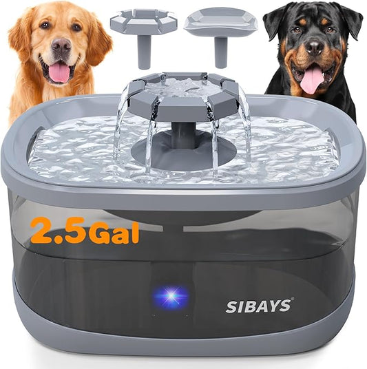 SIBAYS 2.5GAL/9.5L Dog Water Fountain for Large Dogs, 3 Flow Modes Large Pet Water Fountain for Cats, Automatic Dog Water Bowl Dispenser with 7" Large Filter & Smart LED Pump, Quiet, BPA-Free Material