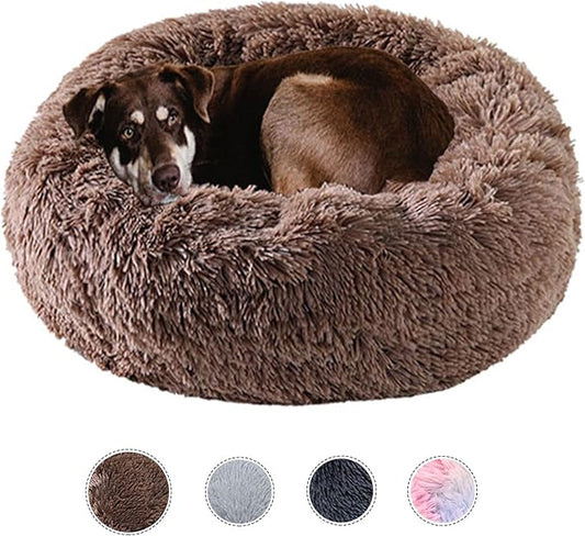 Dog Bed Calming Dog Beds for Small Medium Large Dogs - Round Donut Washable Dog Bed, Anti-Slip Faux Fur Fluffy Donut Cuddler Anxiety Cat Bed(28'' Khaki