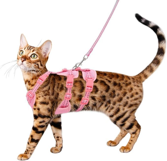 Cat Harness and Leash Set for Walking, Escape Proof Soft Vest Harness for Cats, Adjustable Reflective Kitten Harness for Small Medium Large Cats, Breathable Kitty Harness, Pink M
