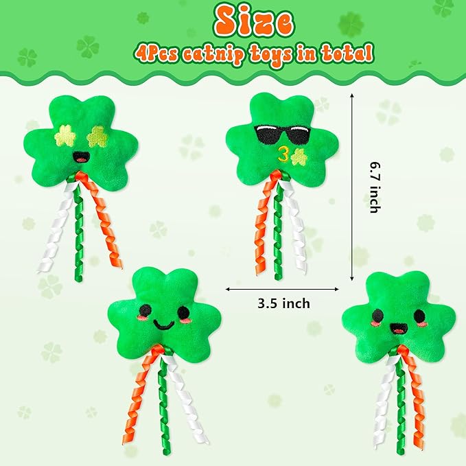MALLMALL6 4Pcs Shamrocks Catnip Toys Gift for Cat, Indoor Cat Bite Kick Plush Catmint Pet Toys Supplies for Kitten Lover Gifts, Cute Teething Chew Relief Interactive Toy