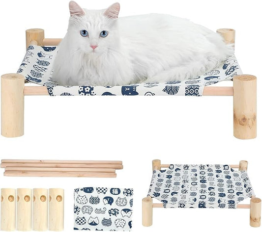 TUSATIY Cat Wooden Hammock Bed, Pine Wood, Elevated Pet Sleeping, Breathable, Removable, Washable, Anti-Moisture, Stable Support, 39 lbs