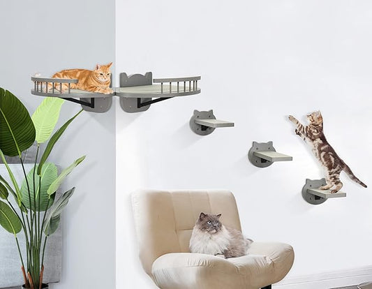 Y&ME YM Cat Wall Shelves, Cat Shelves and Perches for Wall, Wood Cat Wall Furniture with 3 Cat Wall Steps Cat Scratch Post, Indoor Cat Climbing Shelf (Gray)