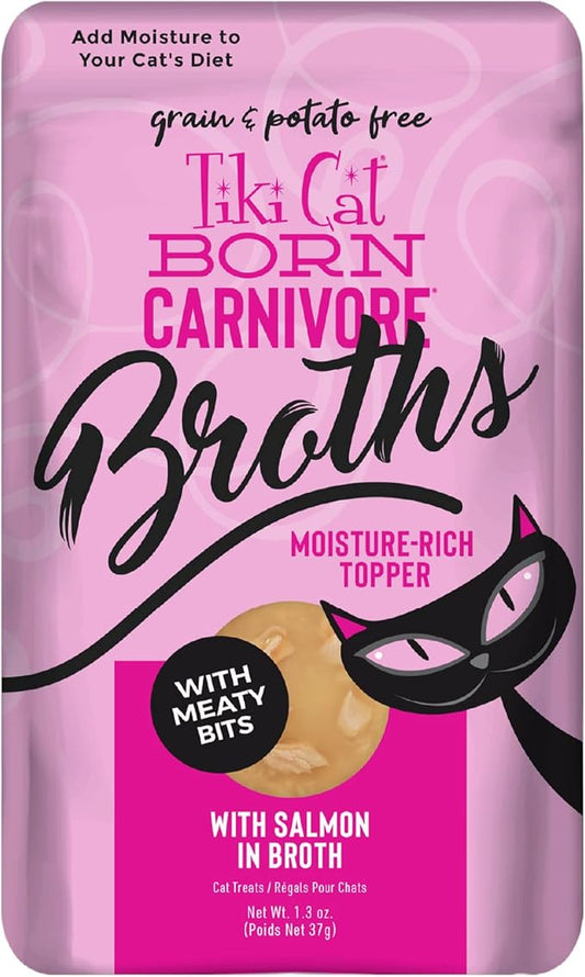 Tiki Cat Born Carnivore Broths, Salmon Recipe, Hydration and Flavor Supplement Cat Food Topper, 1.3 oz. Pouch (Pack of 12)