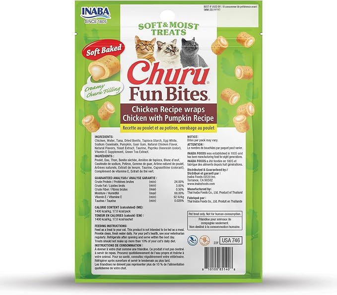 INABA Churu Fun Bites for Cats, Soft & Chewy Baked Chicken Wrapped Filled Cat Treats with Taurine, 0.42 Ounces Each Tetra, 18 Tetras (3 per Bag), Chicken with Pumpkin Recipe
