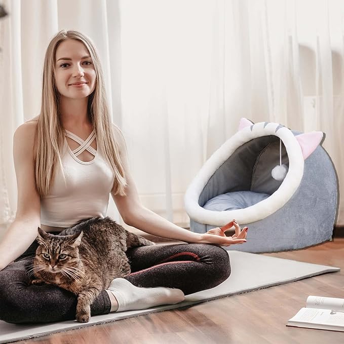 12.9 inch Semi-Enclosed All-Season Cat Bed, Removable and Washable Cat Beds for Indoor Cats, Comfortable Cat House for Cats to Play and Sleep in
