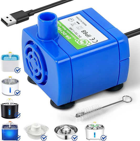 IP68 DR-DC160 submersible water pump Cat Water Fountain Pump for Tritone Ceramic, Stainless Steel, Round Flower Cap Cat Fountains, Automatic Pet Water Dispenser Replacement Pump (No LED & With Brush)