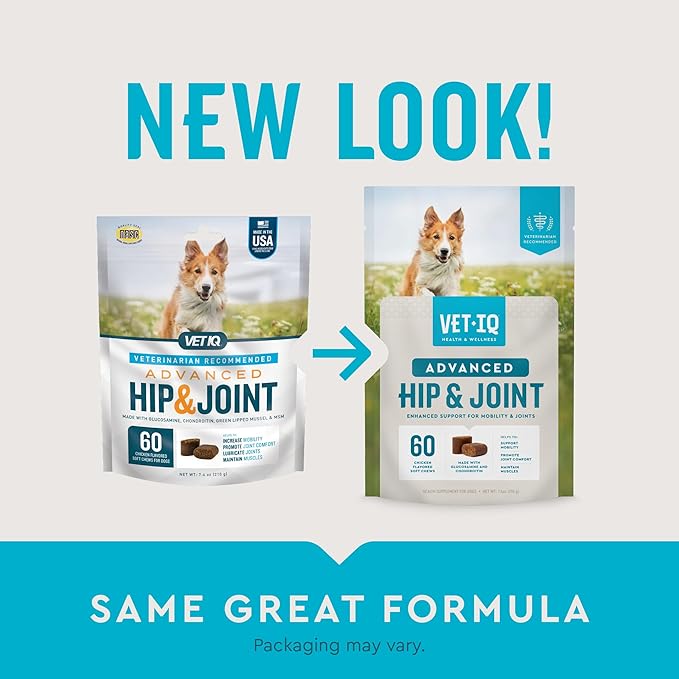 VetIQ Advanced Hip & Joint Chews For Dogs, 60 Count, Chicken Flavored Supplements Made with Glucosamine, Omega 3’s, Chondroitin, MSM, and Green Lipped Mussel, Increases Mobility and Maintains Muscles