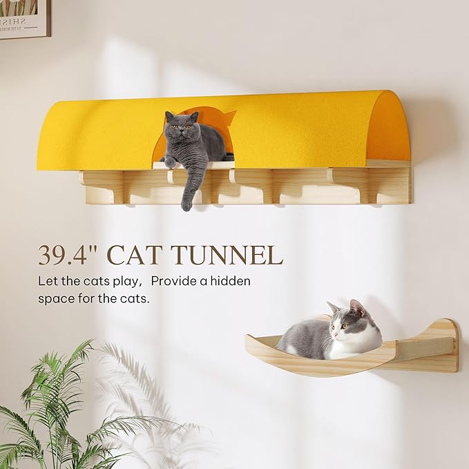DWVO Cat Wall Shelves and Perches for Wall, Solid Wood Wall Mounted Cat Furniture, Set of 13 Cat Climbing Shelves with Moon Cat Wall House, Cat Wall Steps, Scratching Post, Hammock, Cat Tunnel