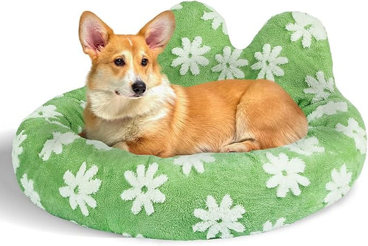 Cat Bed & Dog Bed, Removable Cozy Soft Cat Bed Washable Round Cute Dog Bed with Jacquard for Small Medium Cats and Dogs, Green Flower S
