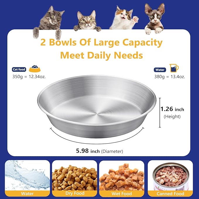 Wide Whisker Friendly Cat Dishes Set 6.7", Stainless Steel Cats Bowls, Shallow Food Bowl, Indoor Kitten Feeding Wet & Dry Food Dish to Prevent Whisker Fatigue(13 OZ) (Cat Bowls, 2 PCS)