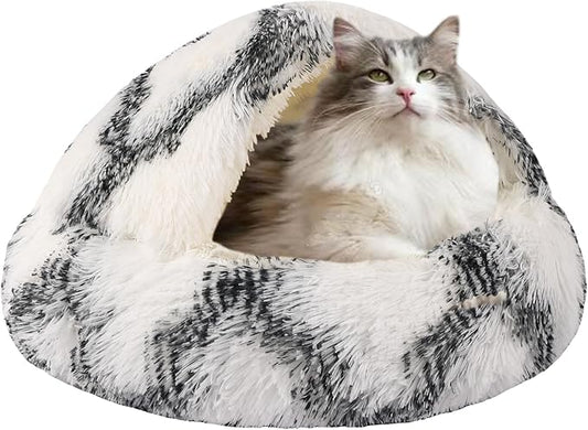 HYQ Small Dog Bed with Cover Cave, Cozy Cat Cave Bed, Round Puppy Bed with Hooded Cover, Cat Beds for Indoor Cats Washable, Dog Beds for Small Dogs with Anti-Slip Bottom (Grey-White, 20×20 Inch)
