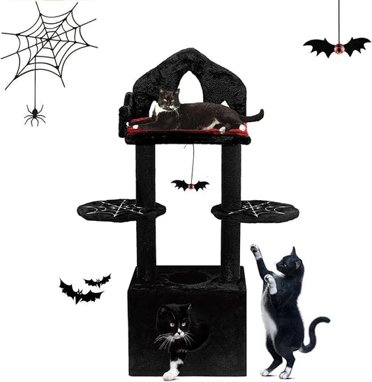 Gothic Cat Tree, 48in Black Cat Tree with Throne Bed, Cat Condo,Scratching Posts, Spooky Goth Cat Tree for Indoor Cats, Gothic Cat Tower