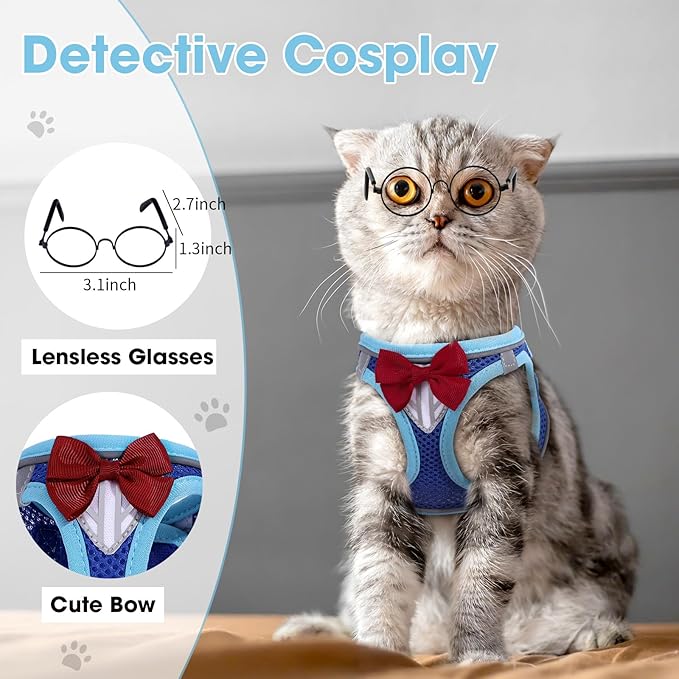 Cat Vest Harness and Leash Set for Walking Escape Proof, Adjustable Kitten Harness Breathable Mesh with Reflective Strips Harness for Kitty Puppy Bunny (Blue, S)