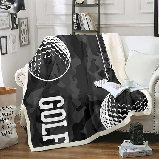 Golf Print Sherpa Camo Blanket - Kids Boys Teens Camouflage Throw Blanket, Golf Balls Gaming Plush Throw for Chair, Sports Themed Fleece Blanket