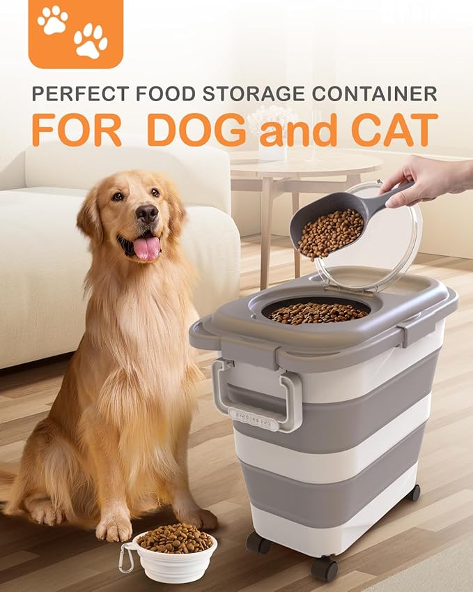 25-28 Lbs Dog Food Storage Container with Handle, Collapsible Dog Food Container with Airtight Lids, Wheels, Large Pet food storage Container for Dog Cat, Dog Food Scoop, Dog Food Bowl