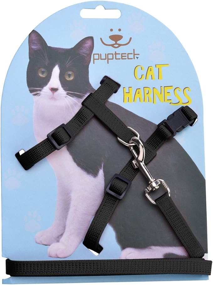PUPTECK Adjustable Cat Harness and Leash Set Escape Proof Kitten Strap Collar for Walking Travel, Black