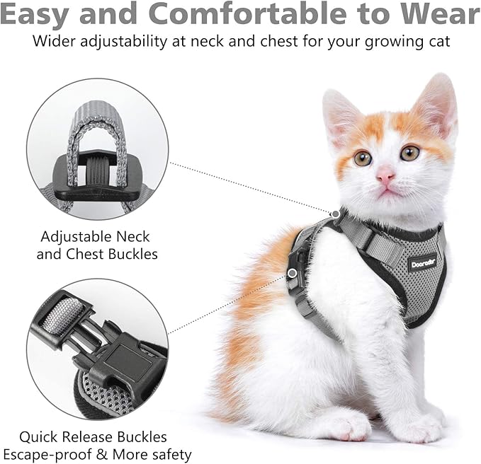 Dooradar Cat Harness and Leash Set, Escape Proof Safe Adjustable Kitten Vest Harnesses for Walking, Easy Control Soft Breathable Mesh Jacket with Reflective Strips for Cats, Grey, S