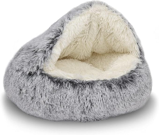 ShinHye Cat Bed Round Plush Fluffy Hooded Cat Bed Cave, Cozy for Indoor Cats or Small Dog beds, Soothing Pet Beds Doughnut Calm Anti-nxiety Dog Bed - Waterproof Bottom Washable, (23×23inch, Grey)