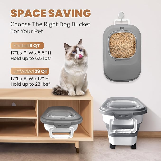15-23 Lbs Airtight Dog Food Storage Container,Collapsible Dog Food Container with Lid,Wheels,Handle,Large Cat food storage Container with Scoop,Small Food Container for Dog Cat