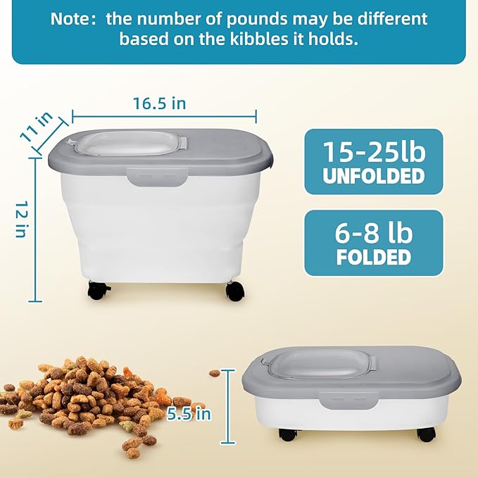 Pet Food Container, Collapsible Dog Food Storage Container with Detachable Casters & Airtight Lid for Keeping Dry Kibbles, With Dog Food Scoop and Measuaring Cups