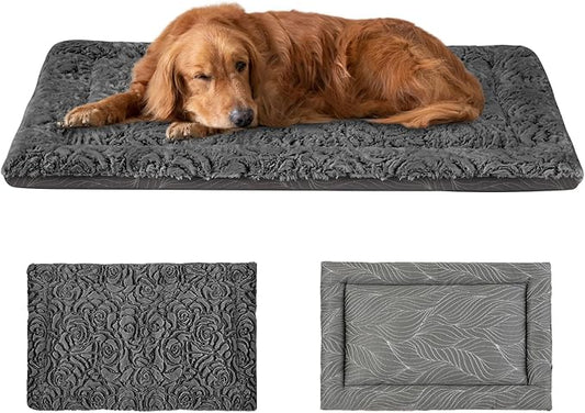 Pawzone 2 in 1 Dog Beds Mat Crate Pad & Dog Cooling Mats Washable Reversible Soft Fluffy Pet Kennel Beds for Large Medium Small Puppy Cat Sleeping Mattress Machine Wash, Grey