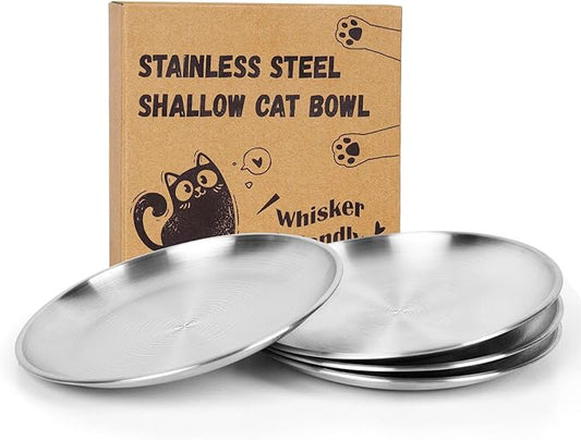 Wide Whisker Friendly Cat Dishes Set 6.7", Stainless Steel Cats Bowls, Shallow Food Bowl, Indoor Kitten Feeding Wet & Dry Food Dish to Prevent Whisker Fatigue(13 OZ) (Cat Dishes, 4 PCS)