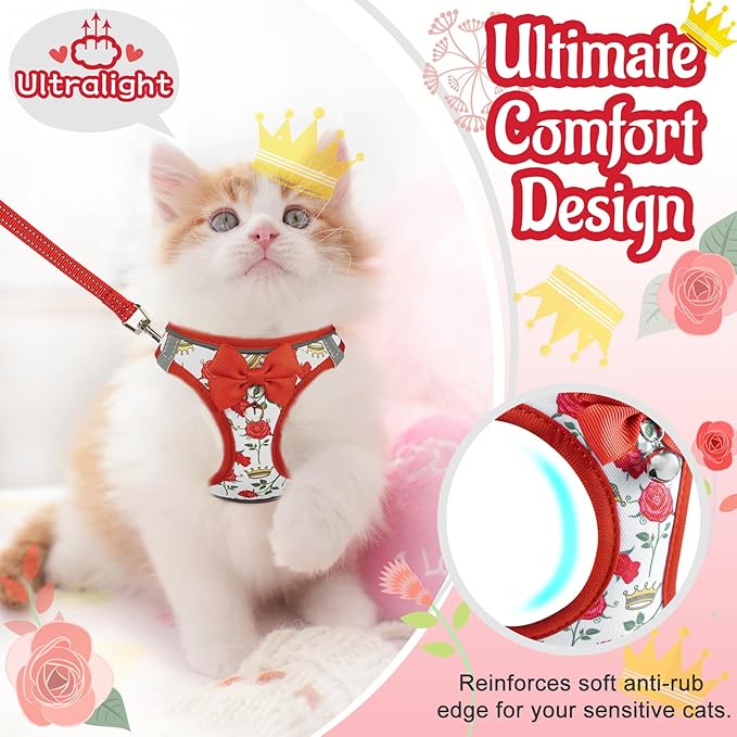 Cat Harness and Leash Escape Proof for Walking, Adjustable Soft Kitten Harness with Reflective Straps Step in Cat Vest Harness for Small Kitten and XS Dogs (Red, XS-Chest(10.2"-11.8"))