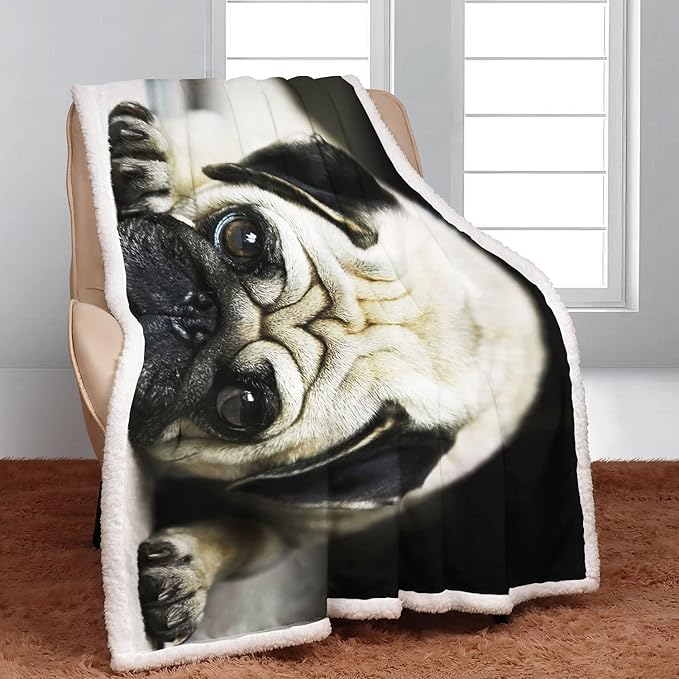 Pug Sherpa Blanket, Dog Print Fleece Throw Blankets for Couch Sofa Bed, Super Soft Warm and Lightweight, 60" x 80"