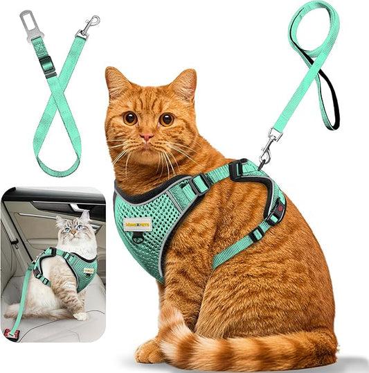 Cat Harness and Leash for Walking, Retractable Cat Harnesses and Leash Set Escape Proof, Breathable Soft Kitten Harness Small Large Cat Harness for Travel Training and Walking, Green, XS