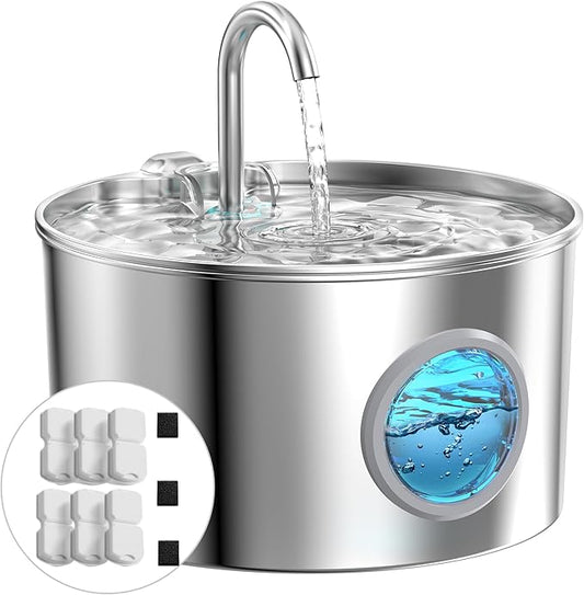 Cat Water Fountain Stainless Steel: Cat Fountain for Drinking - Pet Water Fountain for Cats Inside - 74oz/2.2L Quiet Cat Water Bowl Dispenser - Cat Drinking Fountains - Contains 6 Filters + 3 Sponges