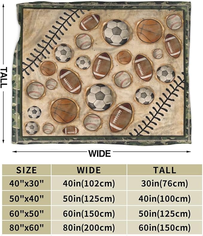 Vintage Sports Soccer Blanket Ultra Soft Cozy Plush Baseball Basketball Football Throw Blanket Sport Ball Fans Lovers Gifts Kids Adults Lightweight Flannel Comfy Blankets for Couch Sofa Bed 80"x60"
