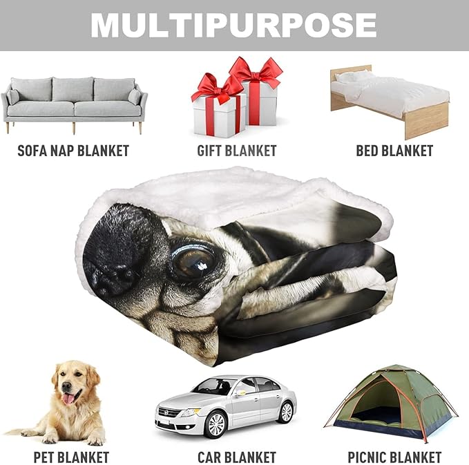 Pug Sherpa Blanket, Dog Print Fleece Throw Blankets for Couch Sofa Bed, Super Soft Warm and Lightweight, 60" x 80"