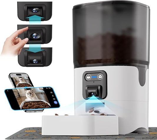 Automatic Cat Feeder with Camera, ‌Adjustable Angle 2.4G WiFi/App Pet Food Dispenser, 6L Timed Dispenser with Two-Way Audio, Auto Pet Feeder with Mat for Cat & Dog, 1-10 Meals Per Day