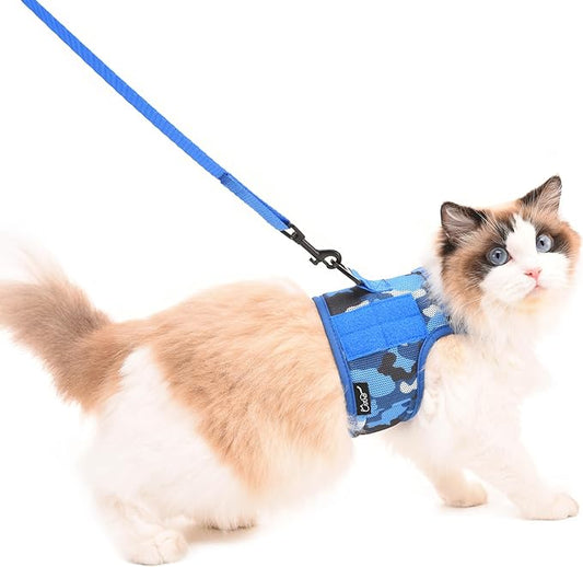 Tactical Cat Harness and Leash for Walking Escape Proof Breathable Mesh Fabric, Ocean Camo, Medium, Adjustable Cat Walking Jackets, Padded Stylish Cat Vest