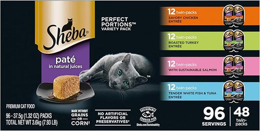 Sheba Perfect Portions Paté Wet Cat Food Variety Pack, Savory Chicken Entrée, Roasted Turkey Entrée, With Sustainable Salmon, and Tender White Fish & Tuna Entrée, 2.6 oz. Trays (48 Count, 96 Servings)