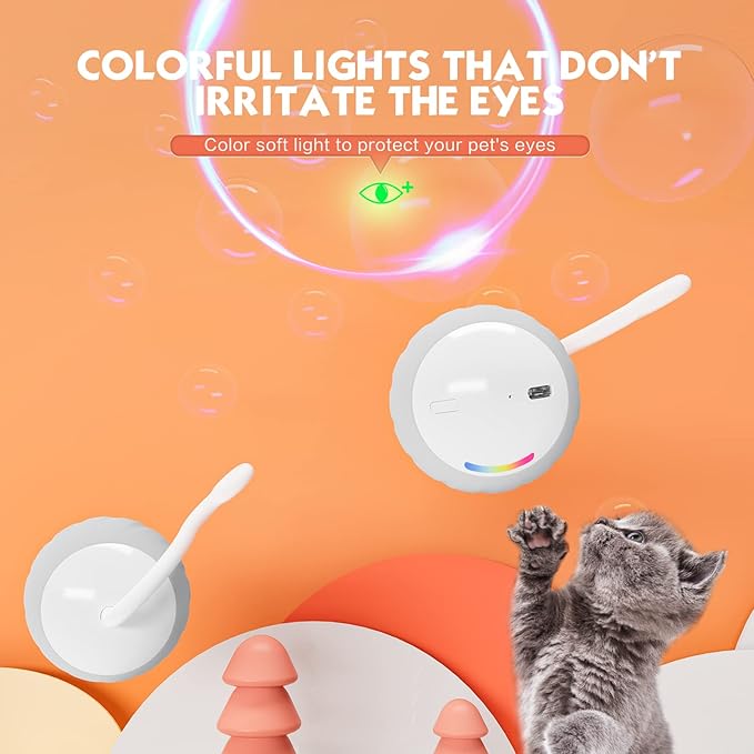 AMUSANG Smart Turbo Tail Cat Toy for Indoor Cats, Interactive Cat Toy Ball Speed Tail Cat Toys, with LED Lights and Feathers DIY 5 in 1 Automatic Cat Ball Toys Type-C Rechargeable (Grey)
