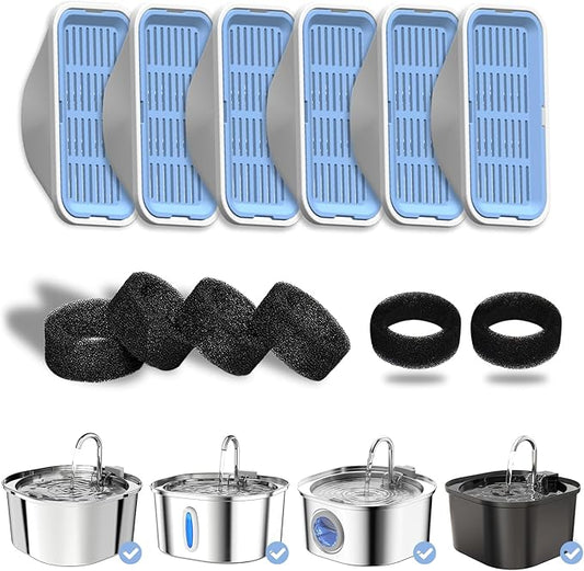 Cat Water Fountain Replacement Filters & Pre-Filter Sponges for 3.2L/108oz Automatic Pet Fountain, Dog Water Dispenser – 6 Pack Filters & 6 Pre-Filter Sponges