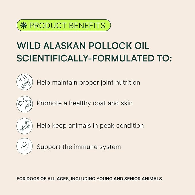 Wuffes Wild Alaskan Pollock Oil for Dogs - Natural EPA & DHA Fatty Acids, Omega 3 for Canines, Supports Healthy Skin and Coat, Joint Nutrition, and Immune System - 100% Pure Fish Oil for Pets - 8 Oz