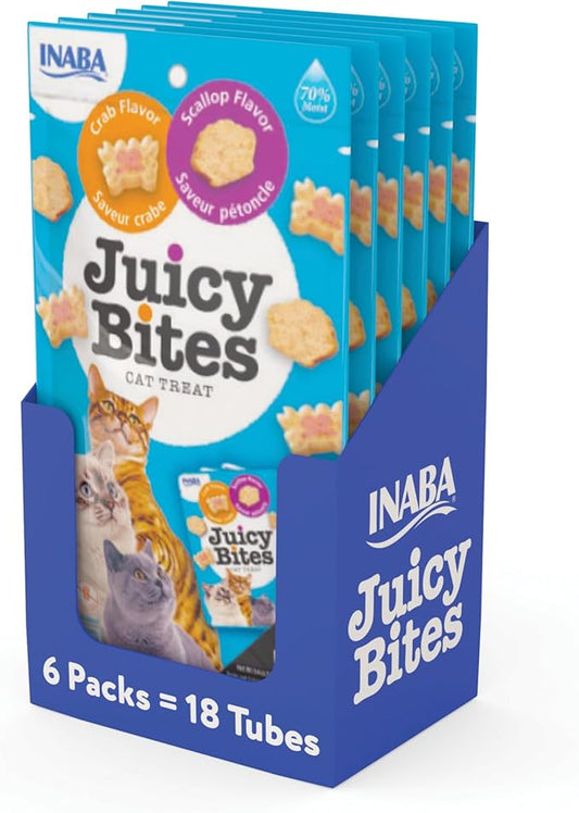 INABA Juicy Bites Grain-Free, Soft, Moist, Chewy Cat Treats with Vitamin E and Green Tea Extract, 0.4 Ounces per Pouch, 18 Pouches (3 per Bag), Scallop and Crab