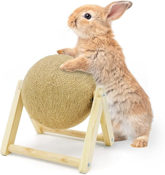 Fhiny Rabbit Scratch Toy, Natural Solid Wood Sisal Scratching Ball for Indoor Kittens, Claws Scratching Ball for Kitten Bunny Guinea Pig Chinchilla Ferret or Other Small Animals (Small)